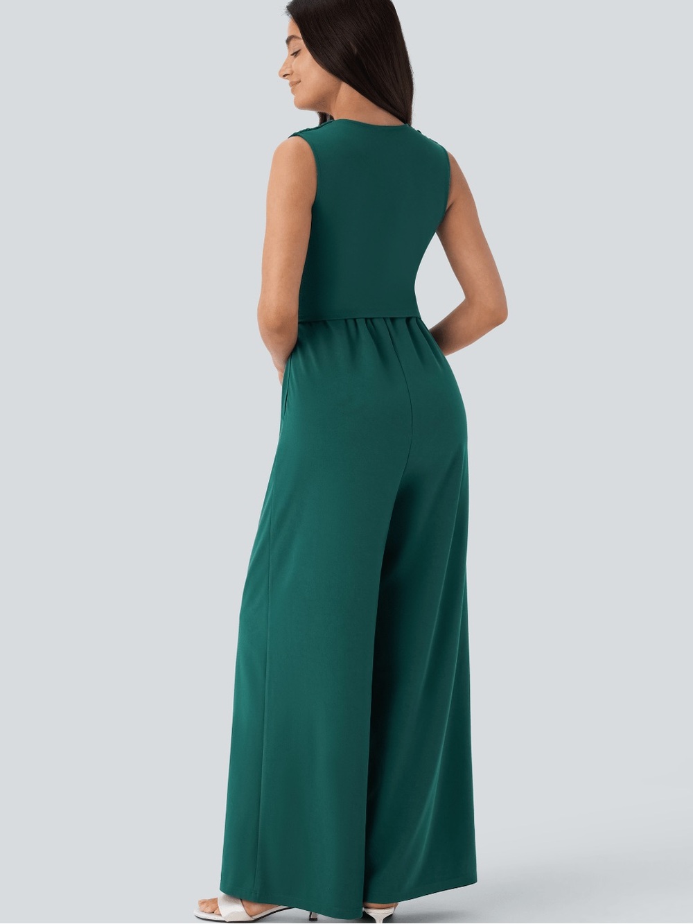 Halara Easy Peezy V Neck Sleeveless Ruched Pocket Jumpsuit in hunter green M, XL - Picture 4 of 10